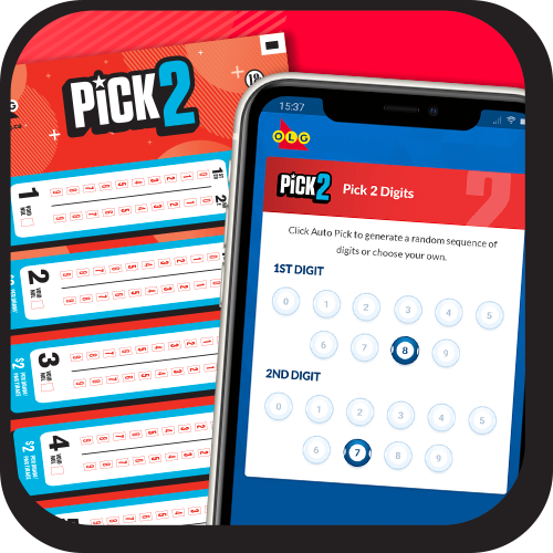 Image of a PICK 2 ticket next to a mobile phone showing the PICK 2 number selection screen
