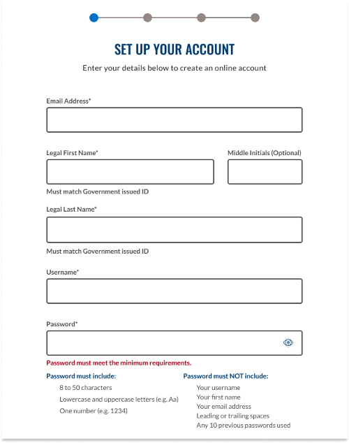 Step 1 create account screen