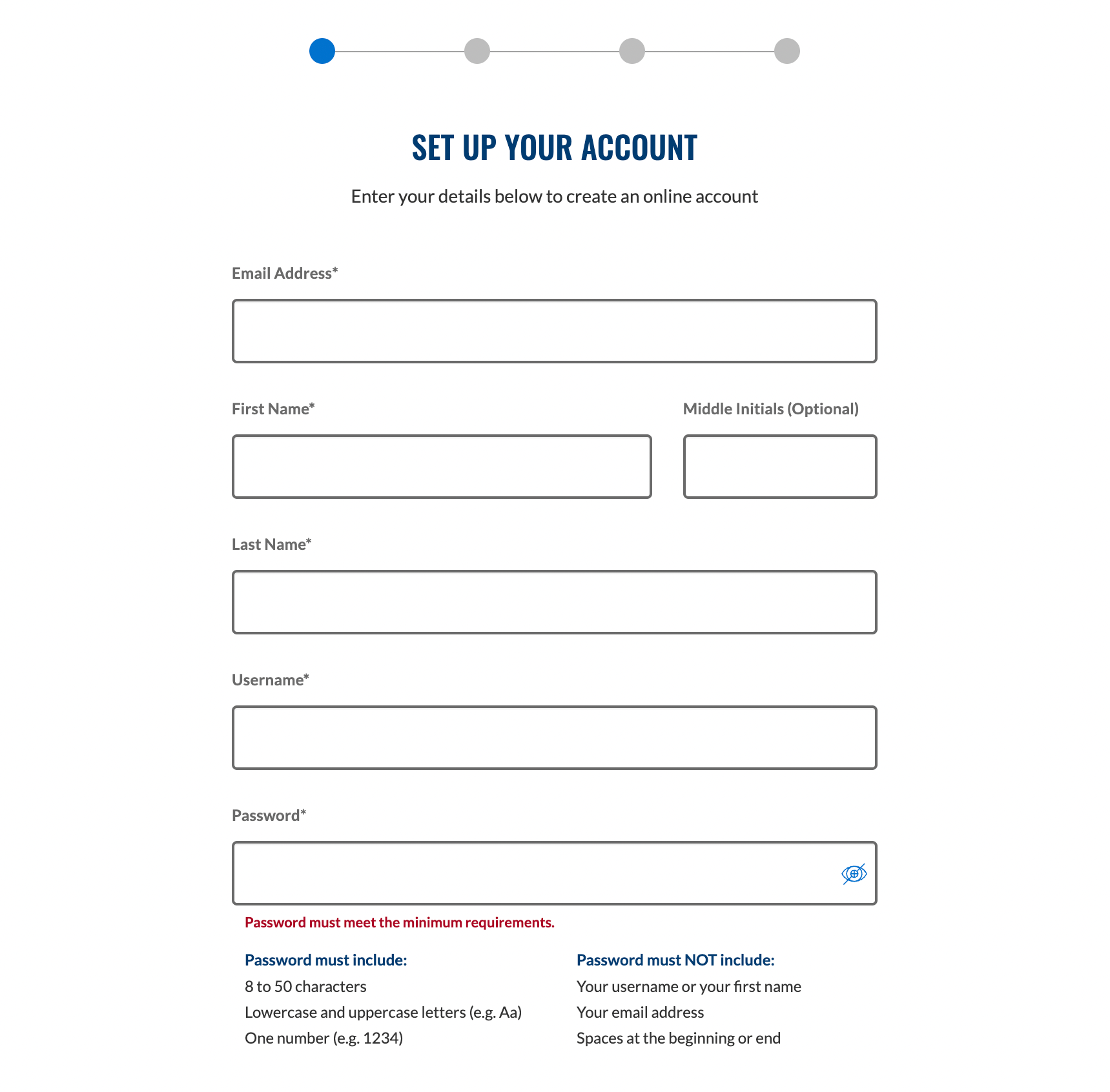 Step 1 create account screen