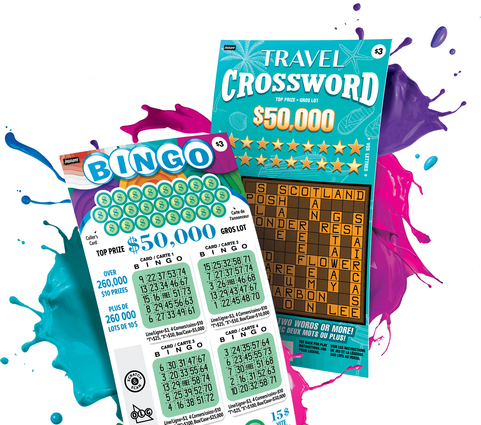Grattez et révélez une sensation inattendue en grattant INSTANT BINGO et INSTANT Crossword. Vous pourriez gagner 50 000 $!