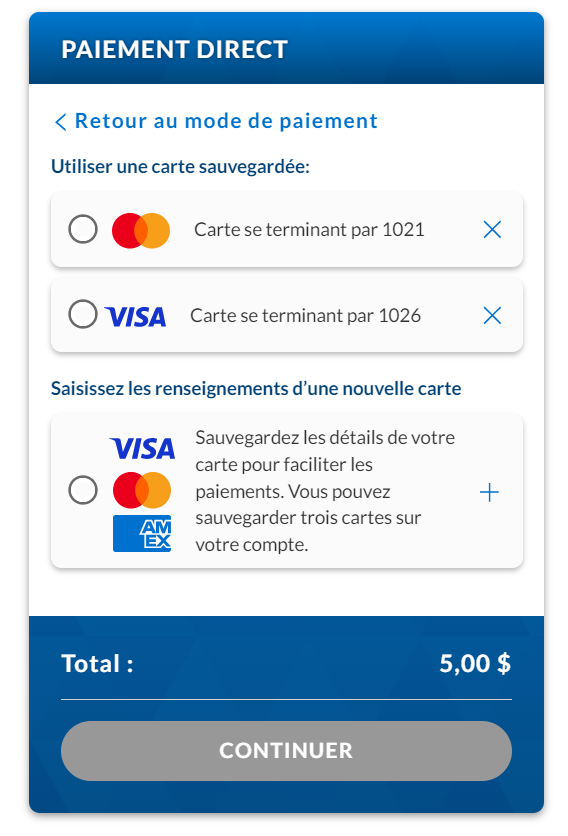 Une capture d’écran de l’option de sélection de la carte pour le paiement direct au moment de payer