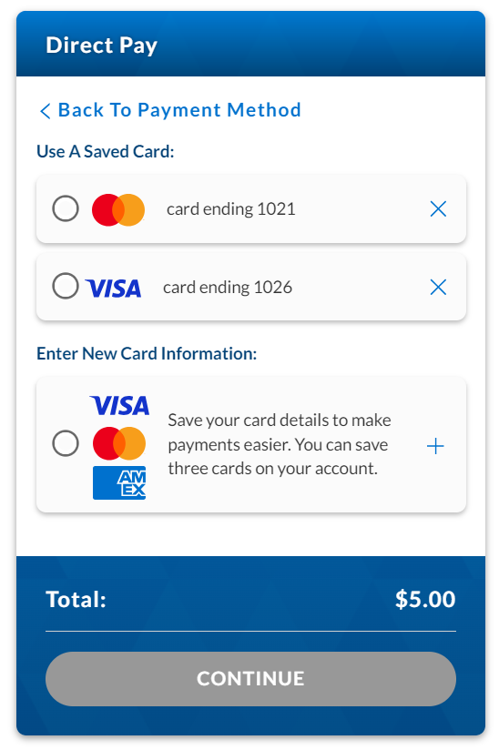 a screen capture of the card selection option for Direct Pay at checkout