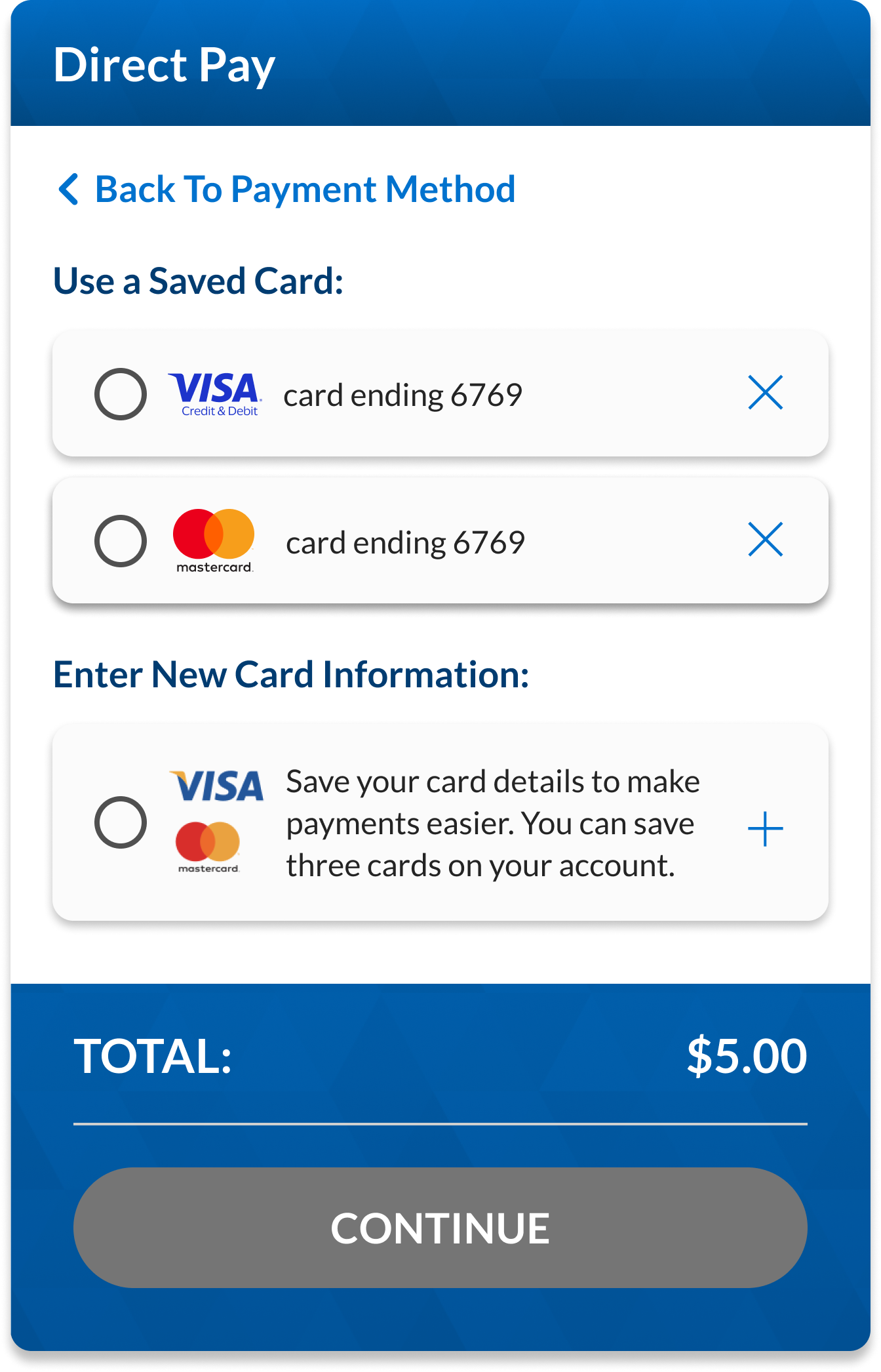 a screen capture of the card selection option for Direct Pay at checkout