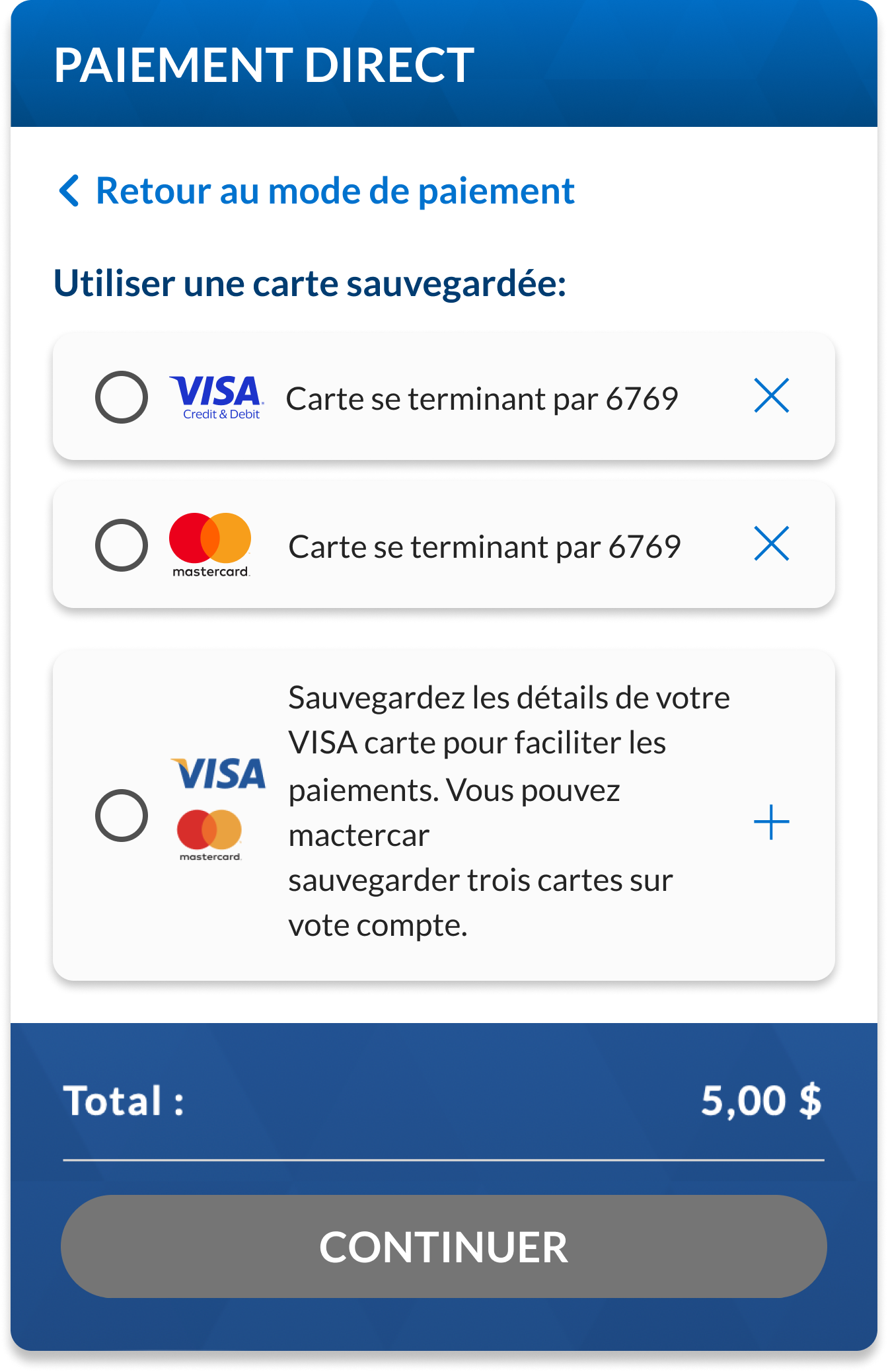 Une capture d’écran de l’option de sélection de la carte pour le paiement direct au moment de payer