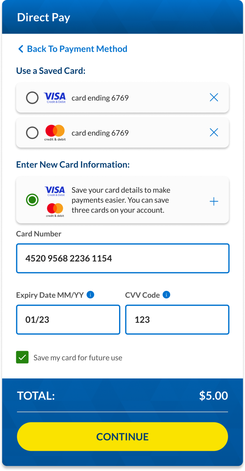 a screen capture of area to fill in new card information for Direct Pay