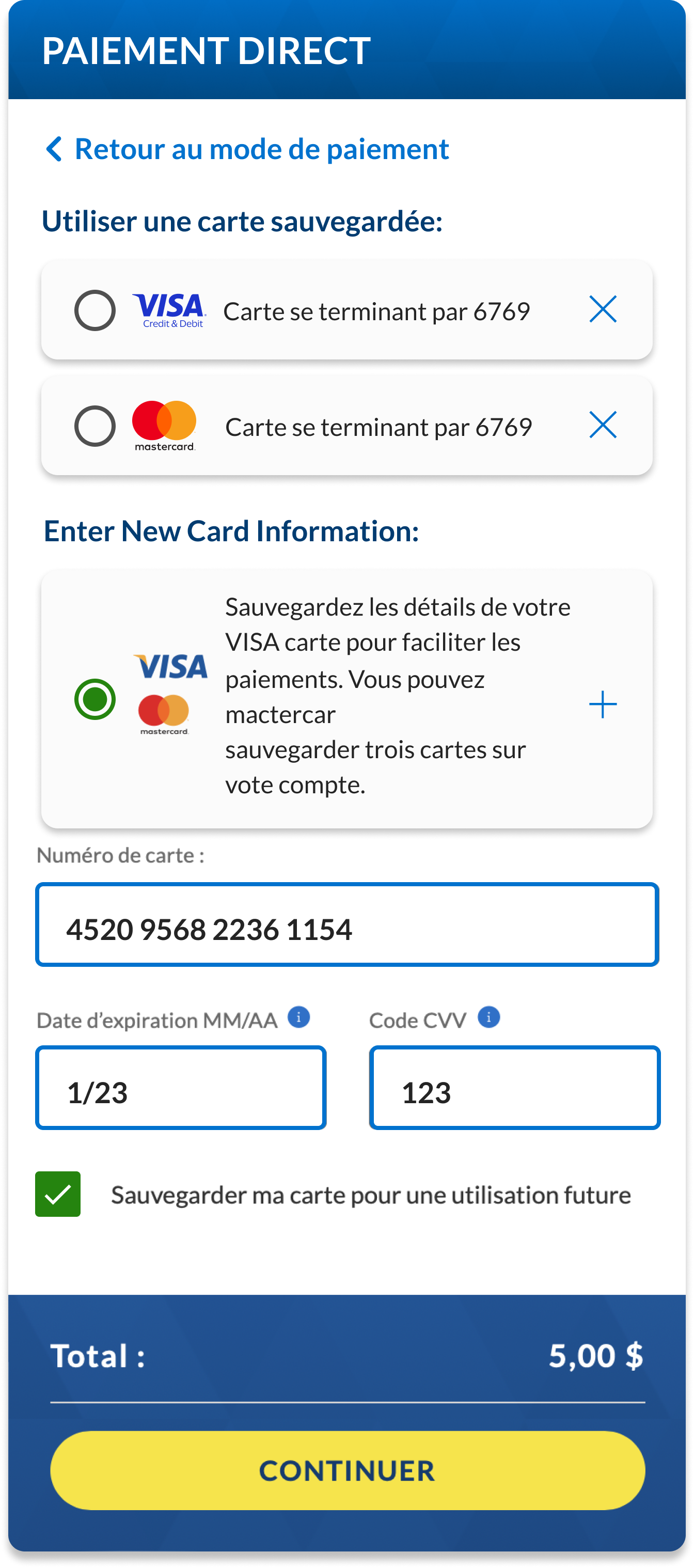 Une capture d’écran de l’endroit où indiquer les renseignements d’une nouvelle carte pour le paiement direct