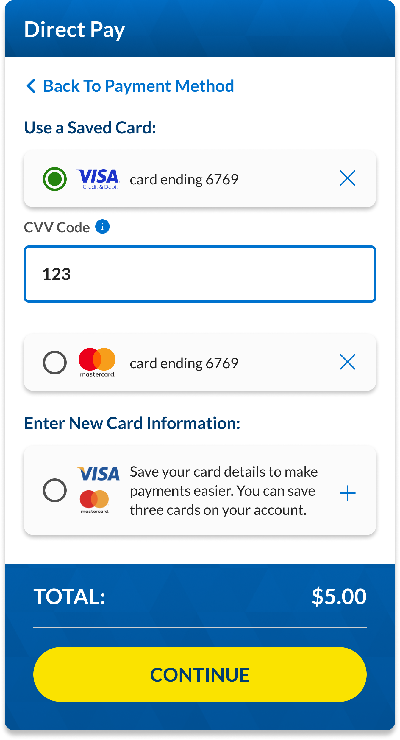 a screen capture of area to enter saved card CVV code