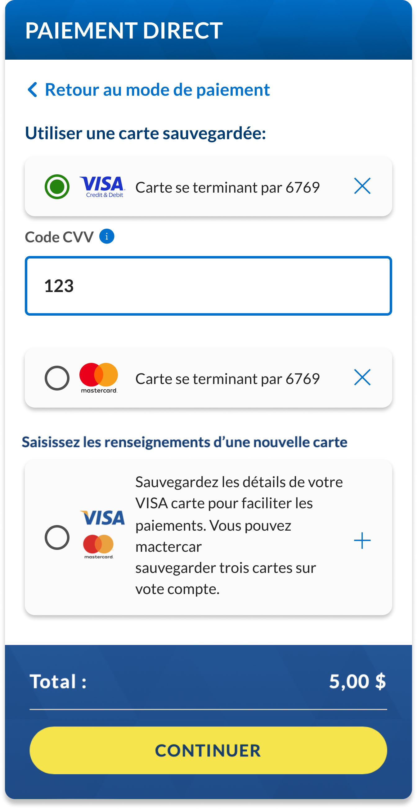 Une capture d’écran de l’endroit où inscrire le code CCV de la carte enregistrée