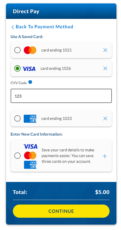 a screen capture of area to enter saved card CVV code 