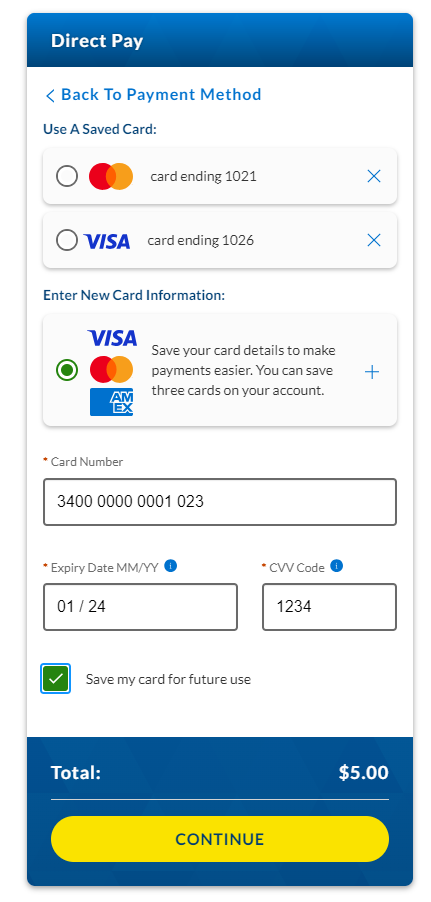 a screen capture of area to fill in new card information for Direct Pay