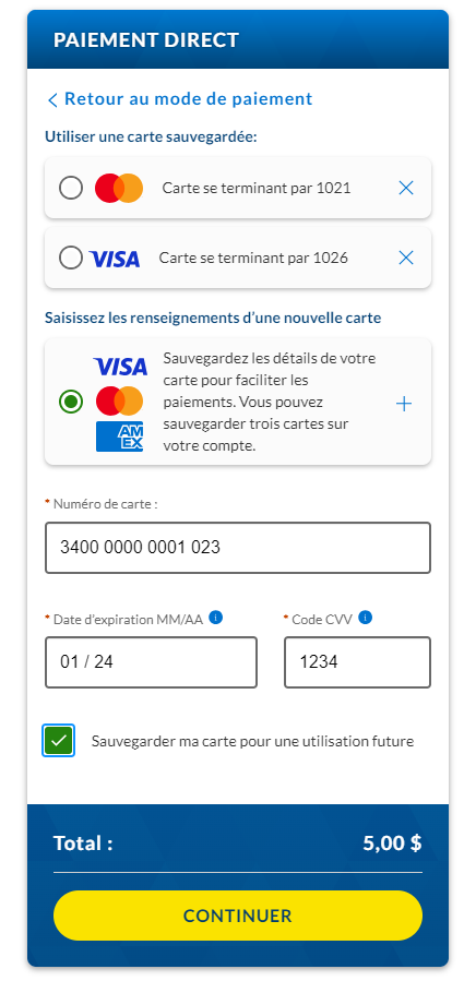 Une capture d’écran de l’endroit où indiquer les renseignements d’une nouvelle carte pour le paiement direct