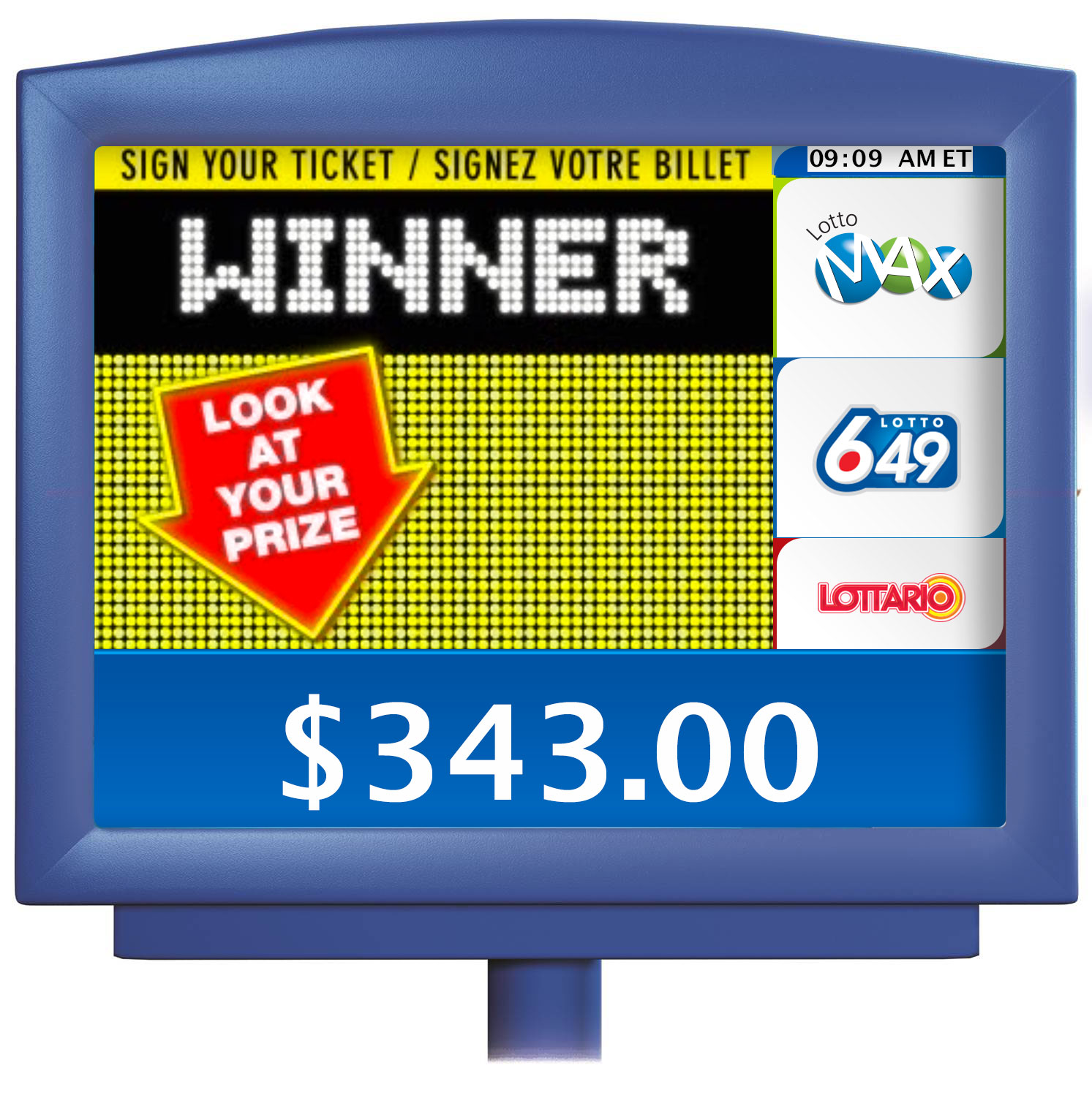 Customer display screen showing “WINNER”