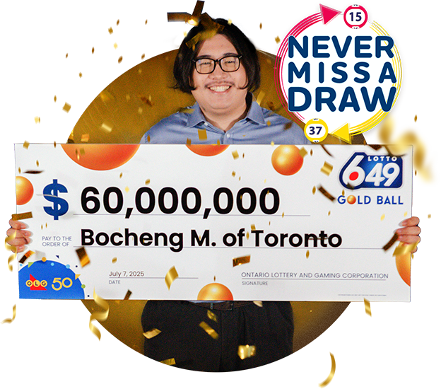 Man smiling holding large $60,000,000 LOTTO 6/49 Gold Ball Winner's cheque
