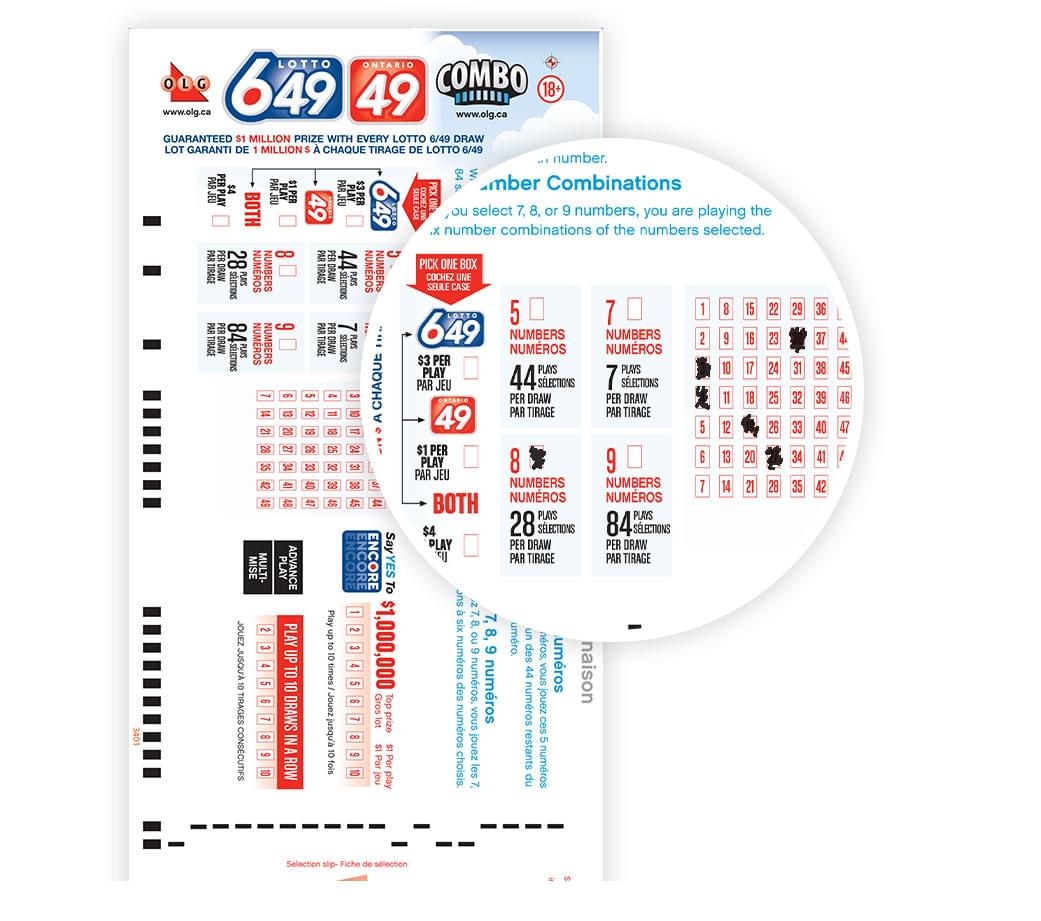 Close-up of LOTTO 649/ONTARIO 49 Selection Slip with numbers selected