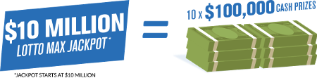 Every  10 million LOTTO MAX jackpot* = 10 x $100,000 cash prize  *Jackpot starts at $10 Million