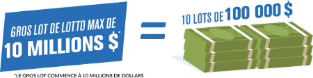 Gros lot de LOTTO MAX de 10 millions $* = 10 lots de 100 000 $ * Le gros lot commence à 10 millions de dollars