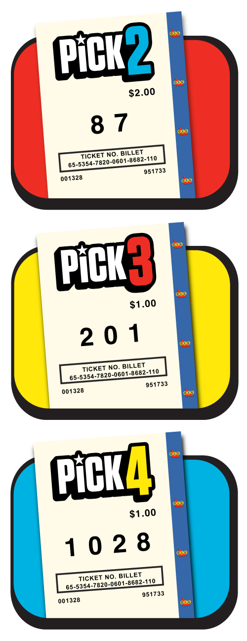 Trois billets de loterie empilés à la verticale avec les logos de PICK-2, de PICK-3 et de PICK 4