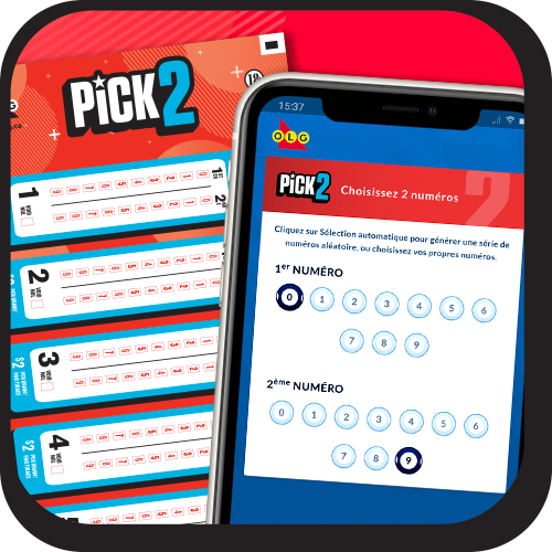 Image d’un billet de PICK2 à côté d’un téléphone mobile montrant l’écran de sélection des numéros de PICK2 