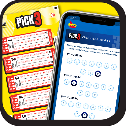 Image d’un billet de PICK3 à côté d’un téléphone mobile montrant l’écran de sélection des numéros de PICK3 