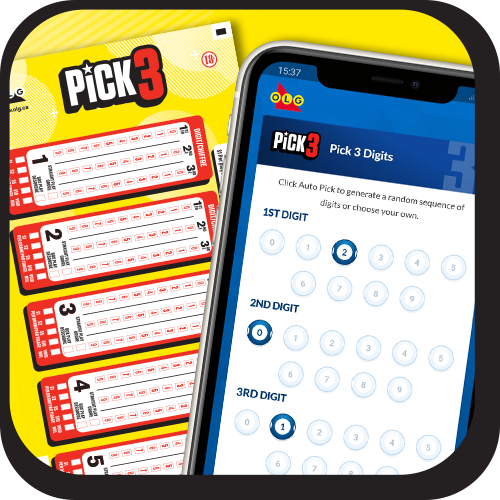 Image of a PICK 3 ticket next to a mobile phone showing the PICK 3 number selection screen