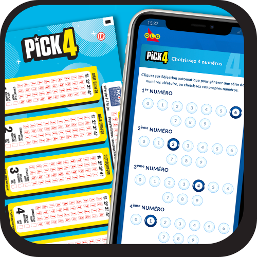 Image d’un billet de PICK4 à côté d’un téléphone mobile montrant l’écran de sélection des numéros de PICK4 