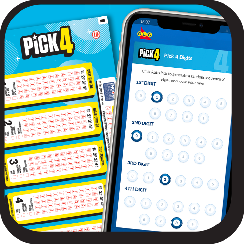 Image of a PICK 4 ticket next to a mobile phone showing the PICK 4 number selection screen
