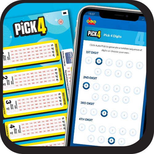 Image of a PICK 4 ticket next to a mobile phone showing the PICK 4 number selection screen