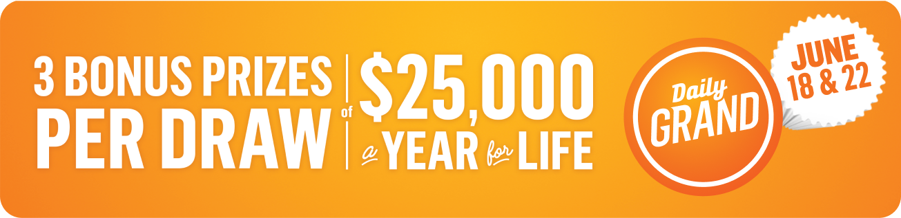 3 Bonus Prizes per draw of $25,000 a YEAR for LIFE