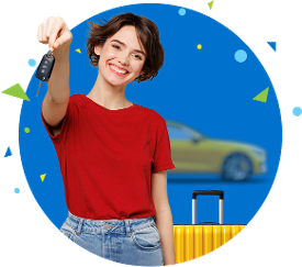 Winner holding car keys with car in background and suitcase beside her. 