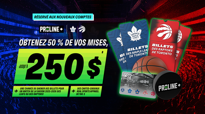Réservé aux nouveaux comptes - PROLINE+ | Maple Leafs de Toronto, Raptors de Toronto - Obtenez 50 % de vos mises, jusqu’à 250 $‡ + une chance de gagner des billets pour un match de la saison 2025-2026 des Leafs ou des Raptors! + des cartes-cadeaux Real Sports Apparel de 100 $