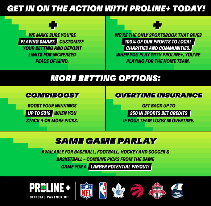 Get in on the action with PROLINE+ today! We make sure you’re Playing Smart. Customize your betting and deposit limits for increased peace of mind. We’re the only Sportsbook that gives 100% of profits to local charities and communities. When you play with PROLINE+, you’re playing for the home team. More Betting Options: COMBIBOOST – boost your winnings up to 50% when you stack 4 or more picks. OVERTIME INSURANCE – get back up to $50 in Sports Bet Credits if your team loses in Overtime. SAME GAME PARLAY – now available for hockey and soccer & basketball – combine picks from the same game for a larger potential payout! PROLINE+, official partner of: NFL, Toronto Maple Leafs, Toronto Raptors, Toronto FC and Toronto Argonauts