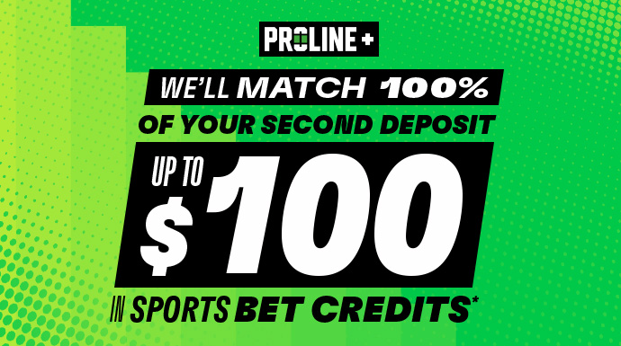 We’ll match 100% of your second deposit, up to $100 in Sports Bet Credits!